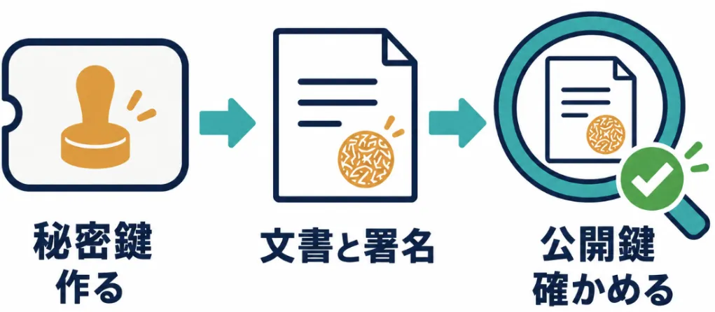カード内の秘密鍵を特別な印鑑、公開鍵を照合用の虫眼鏡にたとえた図。秘密鍵で文書に対応する電子署名を作り、公開鍵で確かめる。