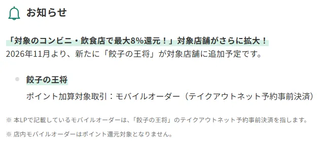 SMBCカードの最大8%還元に追加される餃子の王将